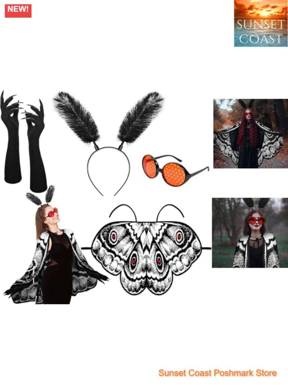 Mothman Costume Accessory Set Feather Headband Wing Cape Glasses Gloves